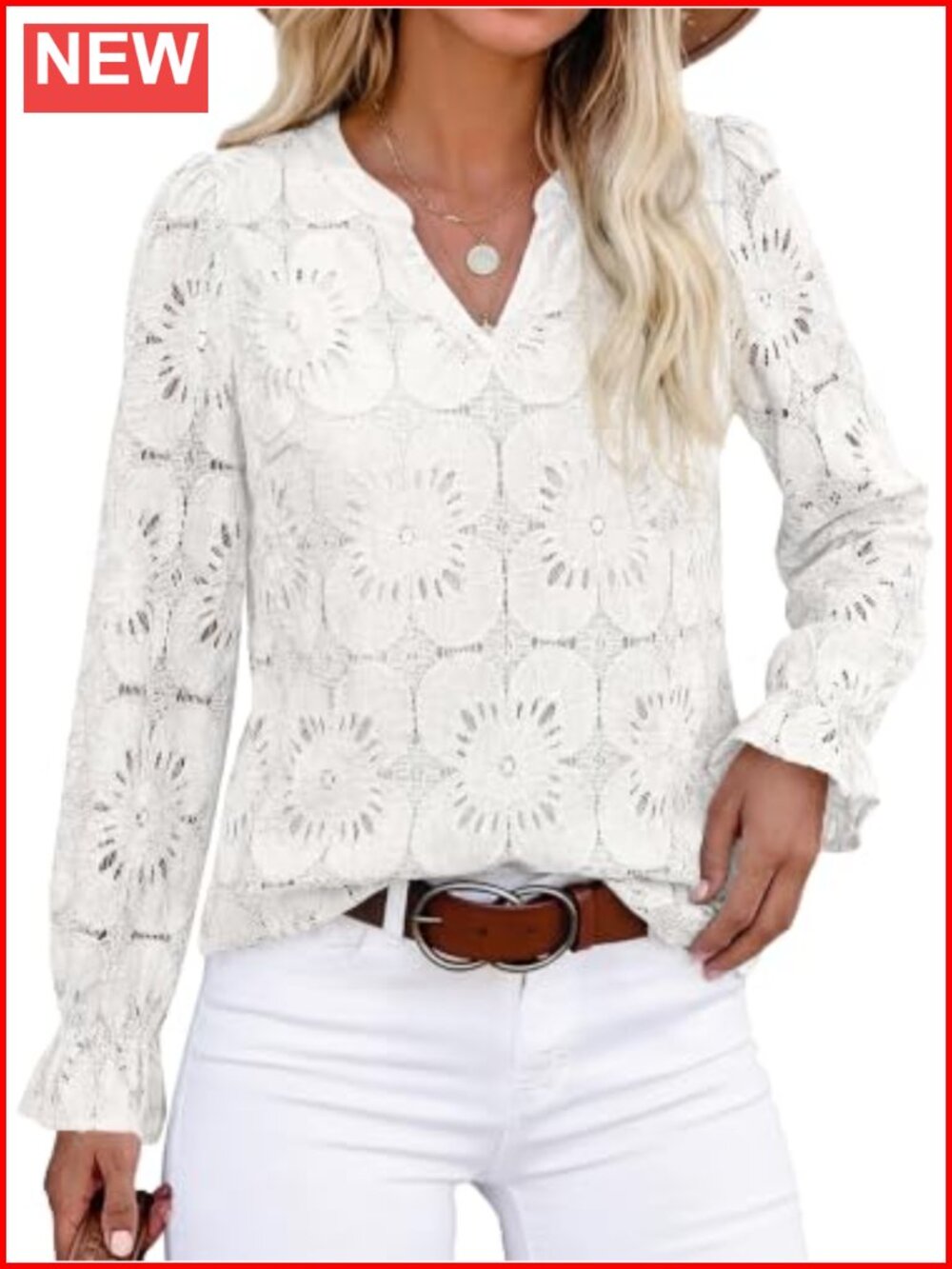 Eyelet Lace Crochet V-Neck Puff Sleeve Blouse